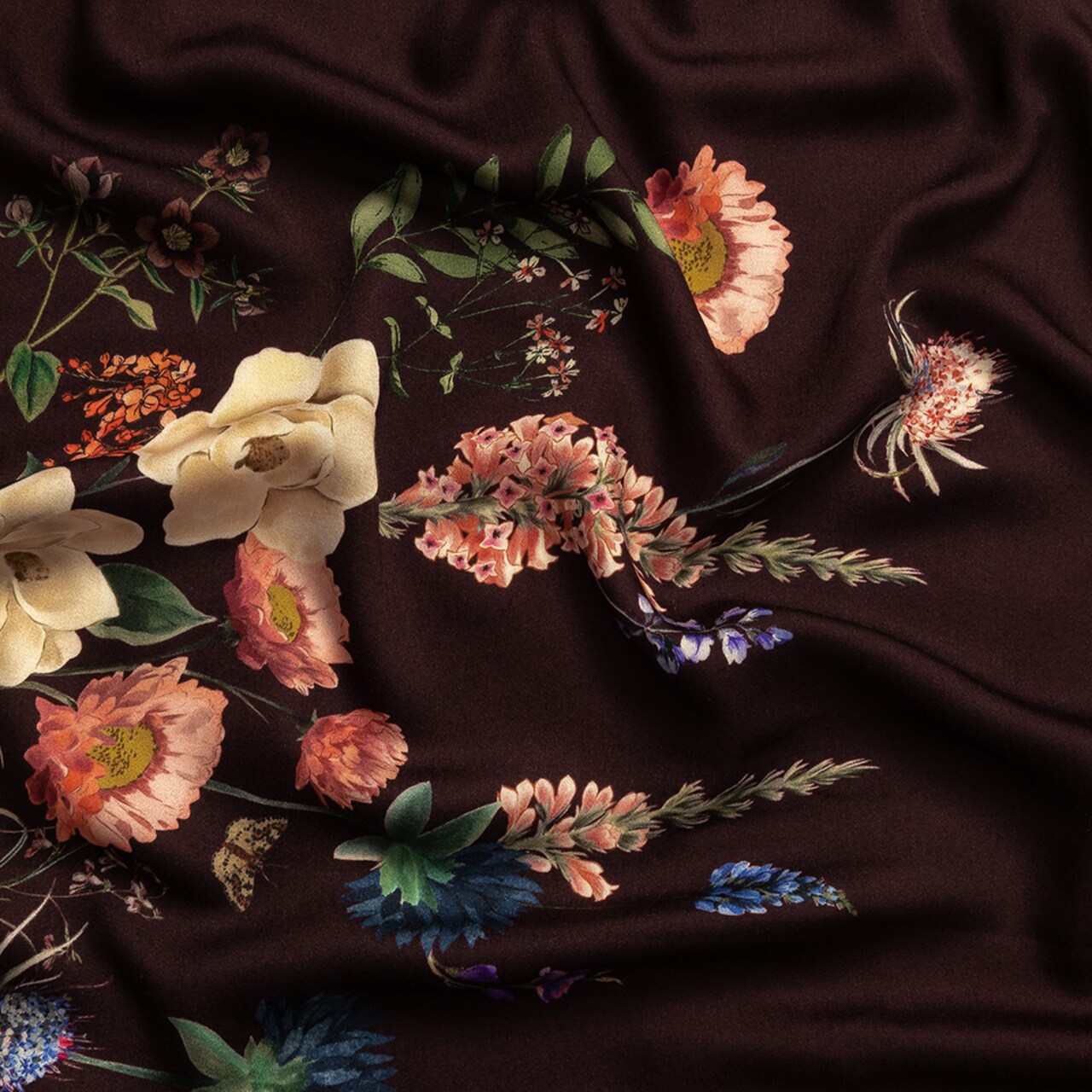 1 Yard Rayon Challis Deep Purple Floral Baroque Bouquet Print Fabric 55 Inches Width